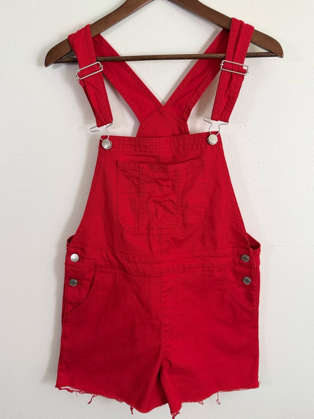 No Boundaries Red Denim Short Overalls Shortalls Size S 4-6 Raw Hem